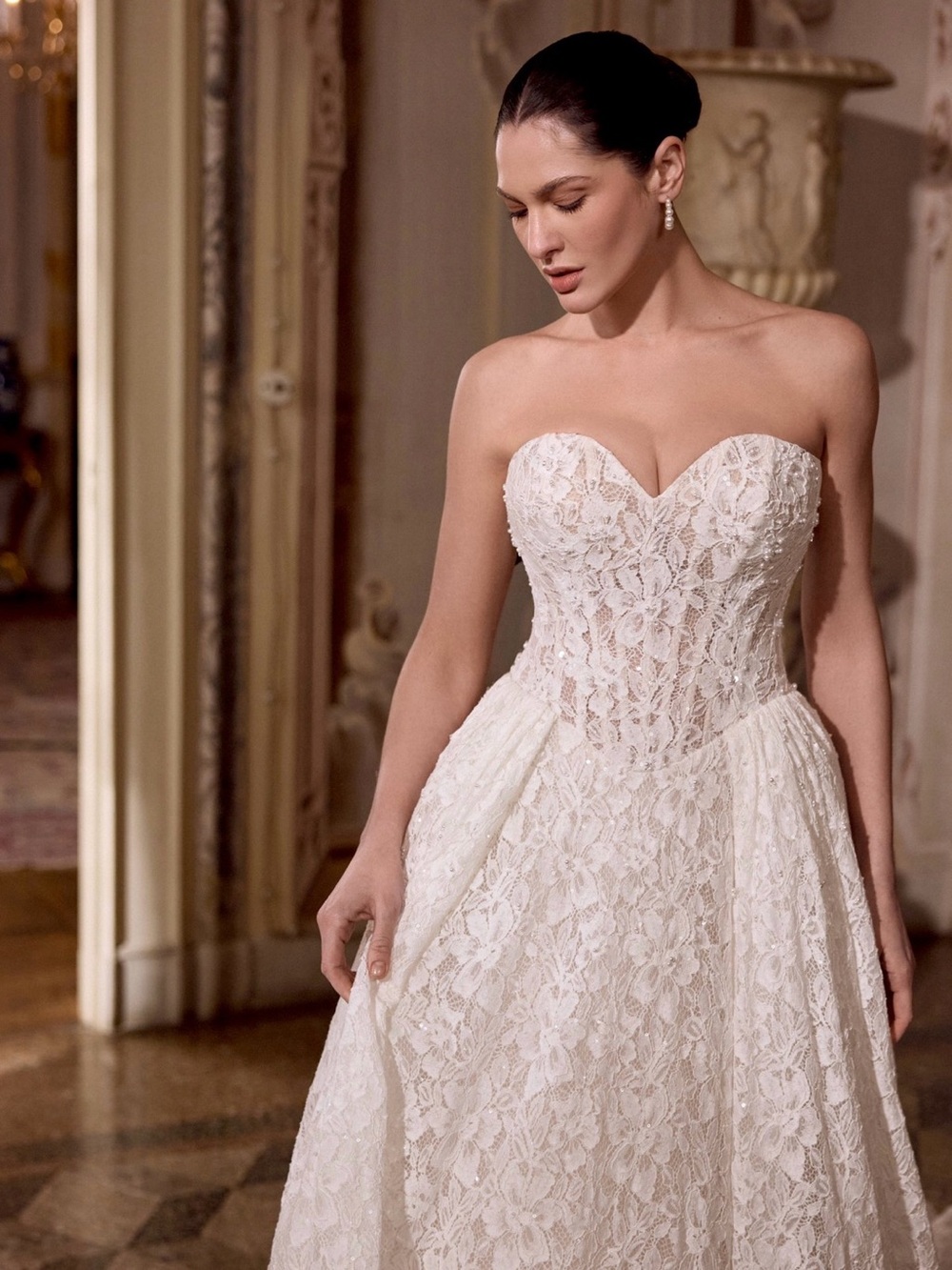 Justin Alexander “Love” Strapless Lace Ball Gown Dress in Ivory